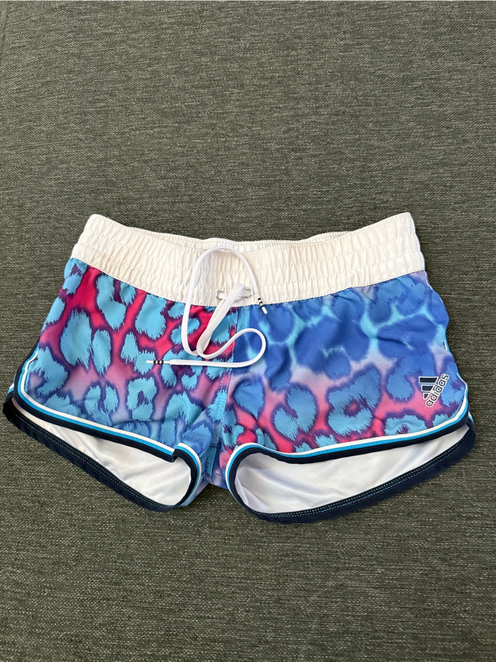 Vintage style women Adidas Blue & Pink Leopard Print Running Shorts size Medium